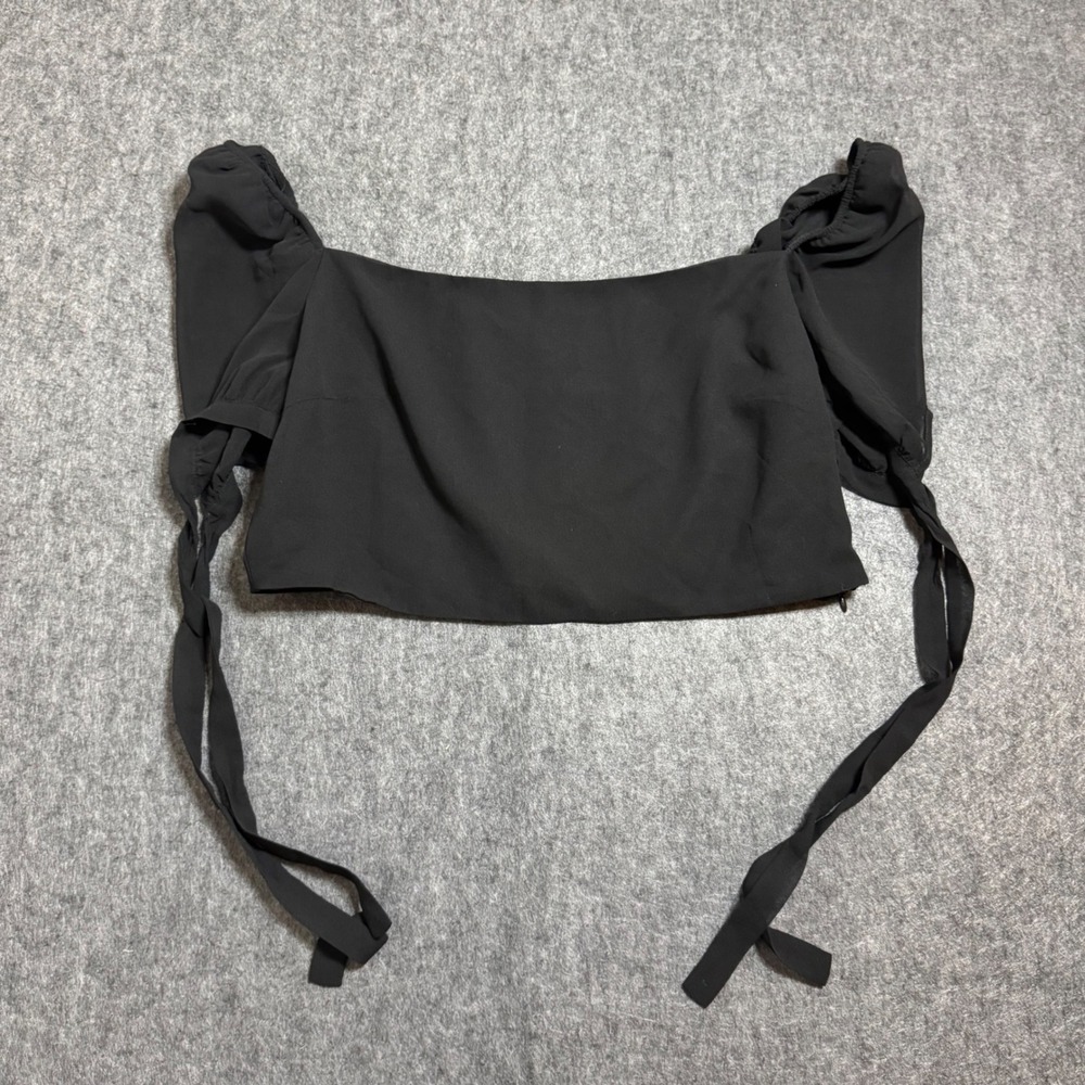 Privacy Please Black Puff Sleeve Crop Top Square Neck Tie Cuff XL